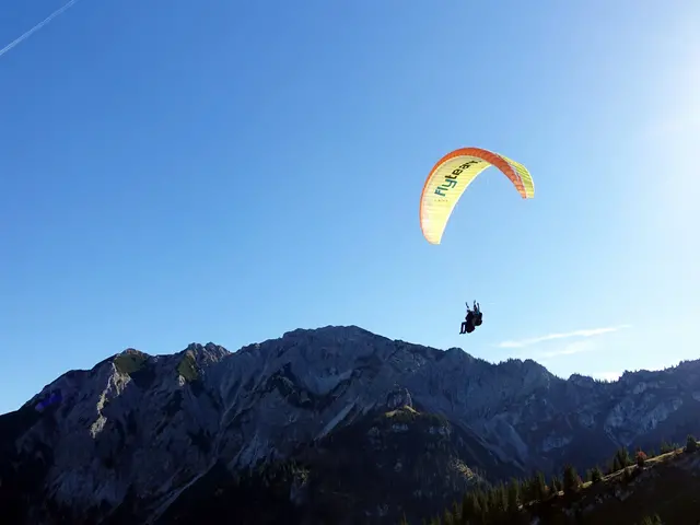 Tandemflug mit dem Gleitschirm am Breitenberg im Allgäu Ein Gleitschirmflieger schwebt vor einer beeindruckenden Bergkulisse.