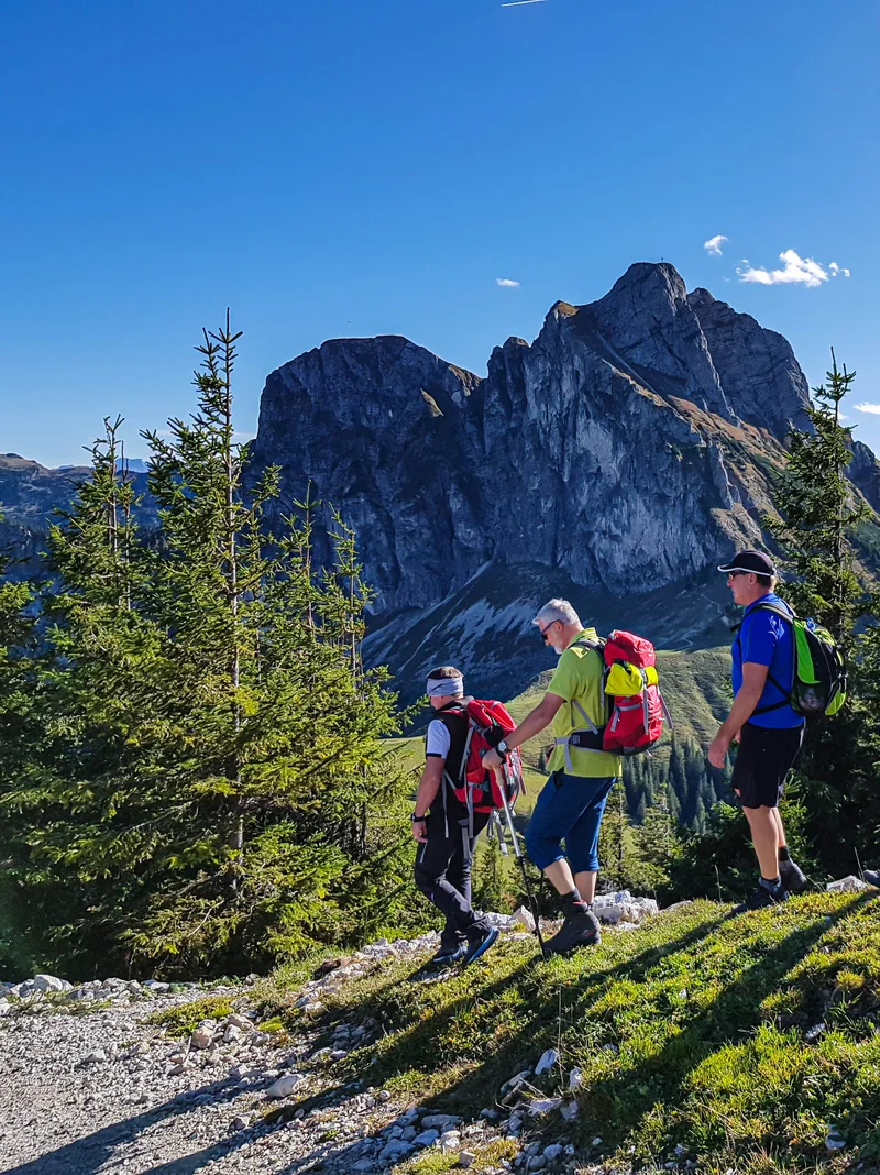 Die Alpenüberquerung - von Pfronten im Allgäu nach Meran Eine Gruppe Wanderer auf einem Bergpfad mit toller Bergkulisse in Hintergrund.