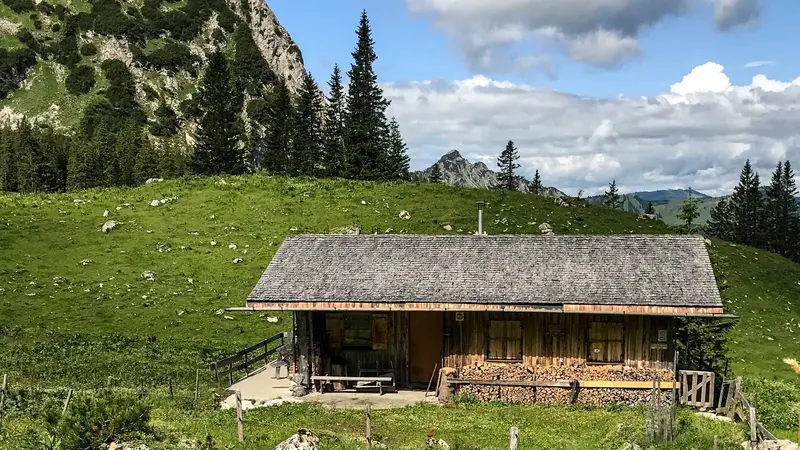 Urige Hütte inmitten einer grünen Berglandschaft.