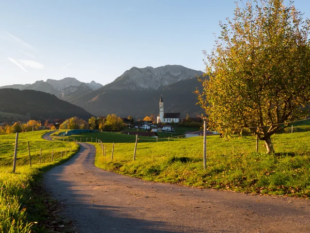 Herbstlicher Blick auf das Pfrontener Tal mit einer schönen Bergkulisse.