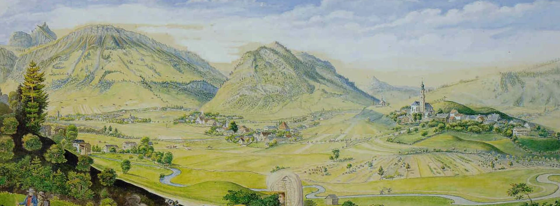 Der kolorierte Stich des Landschaftsmalers Engelbert Geisenhof zeigt das Pfrontener Tal um 1850. 