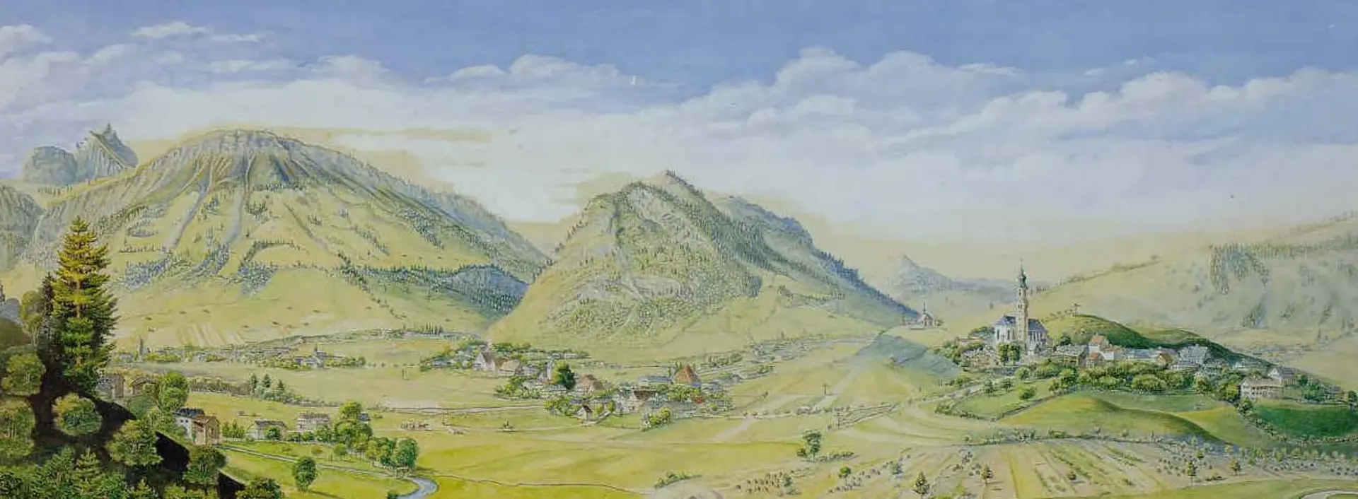 Der kolorierte Stich des Landschaftsmalers Engelbert Geisenhof zeigt das Pfrontener Tal um 1850. 