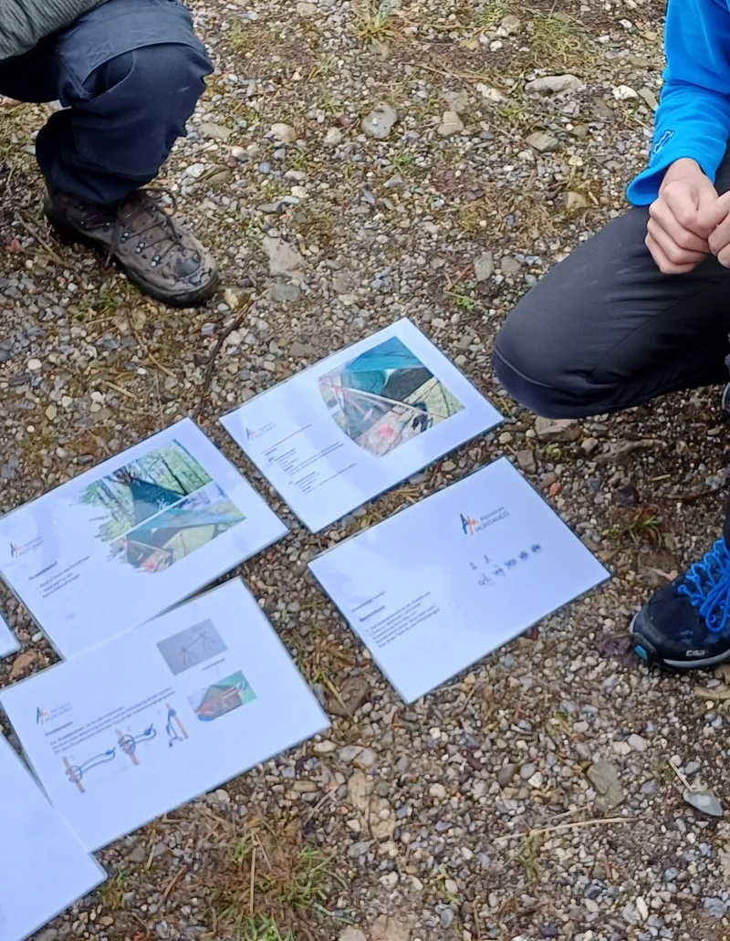 Mehrere Personen stehen im Kreis, in der Mitte liegen verschiedene Aufgabenblätter auf dem Boden.