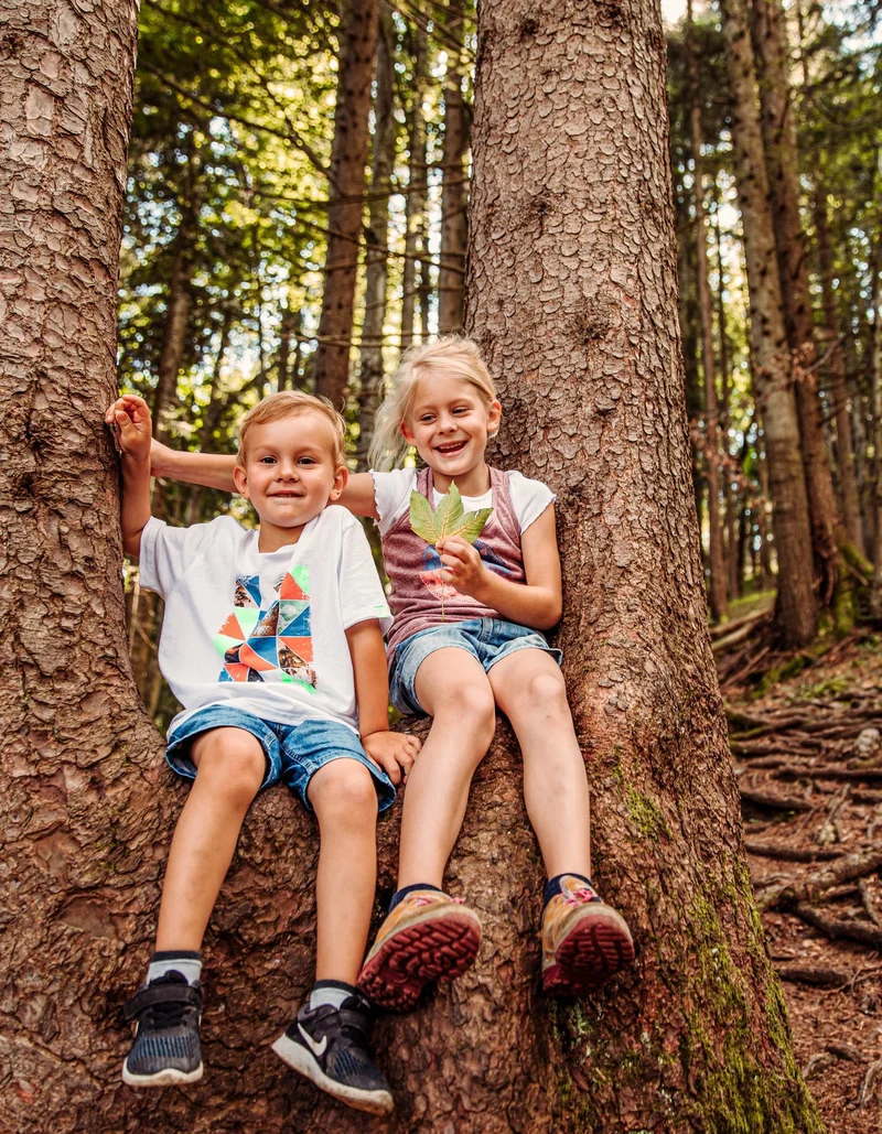 Zwei lachende Kinder sitzen auf einer Baumwurzel im Wald.