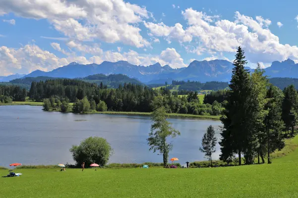 Der Schwaltenweiher mit großer Liegewiese und tollem Bergpanorama.