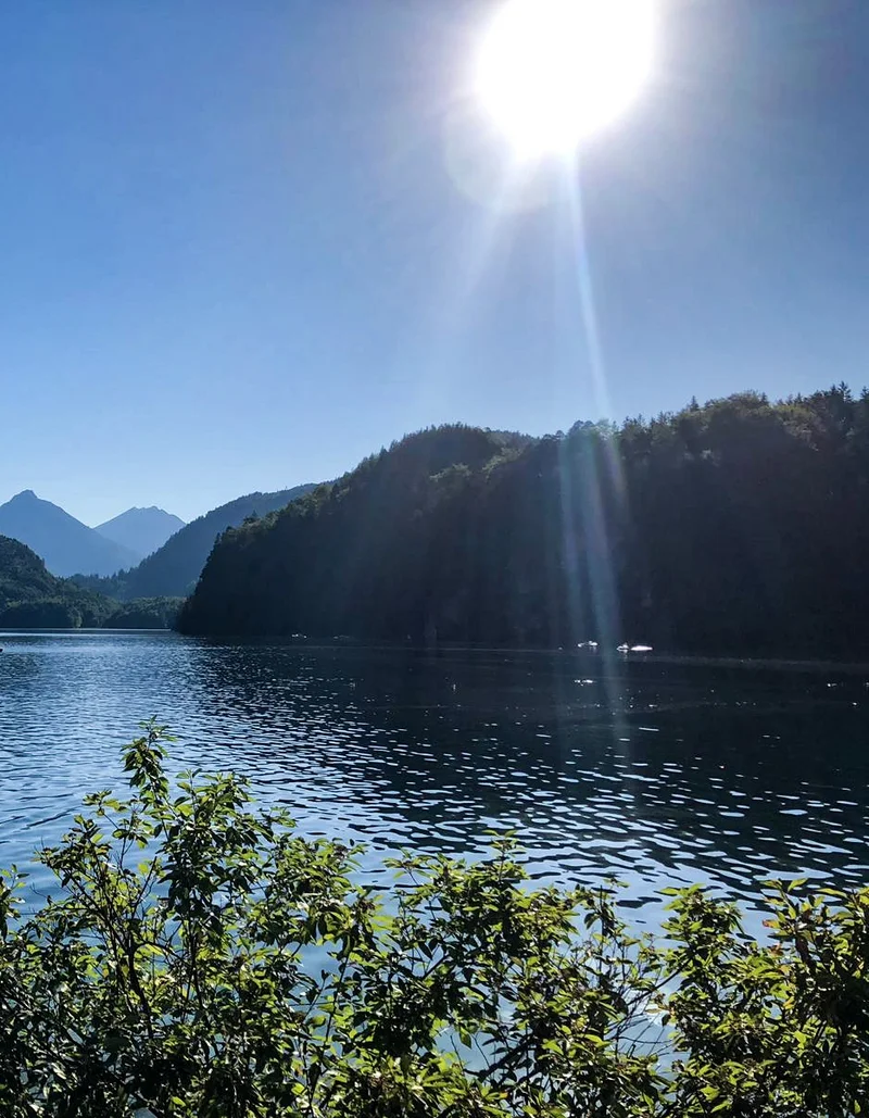 Sonniger Blick auf den Allgäuer Alpsee mit Bergen im Hintergrund.