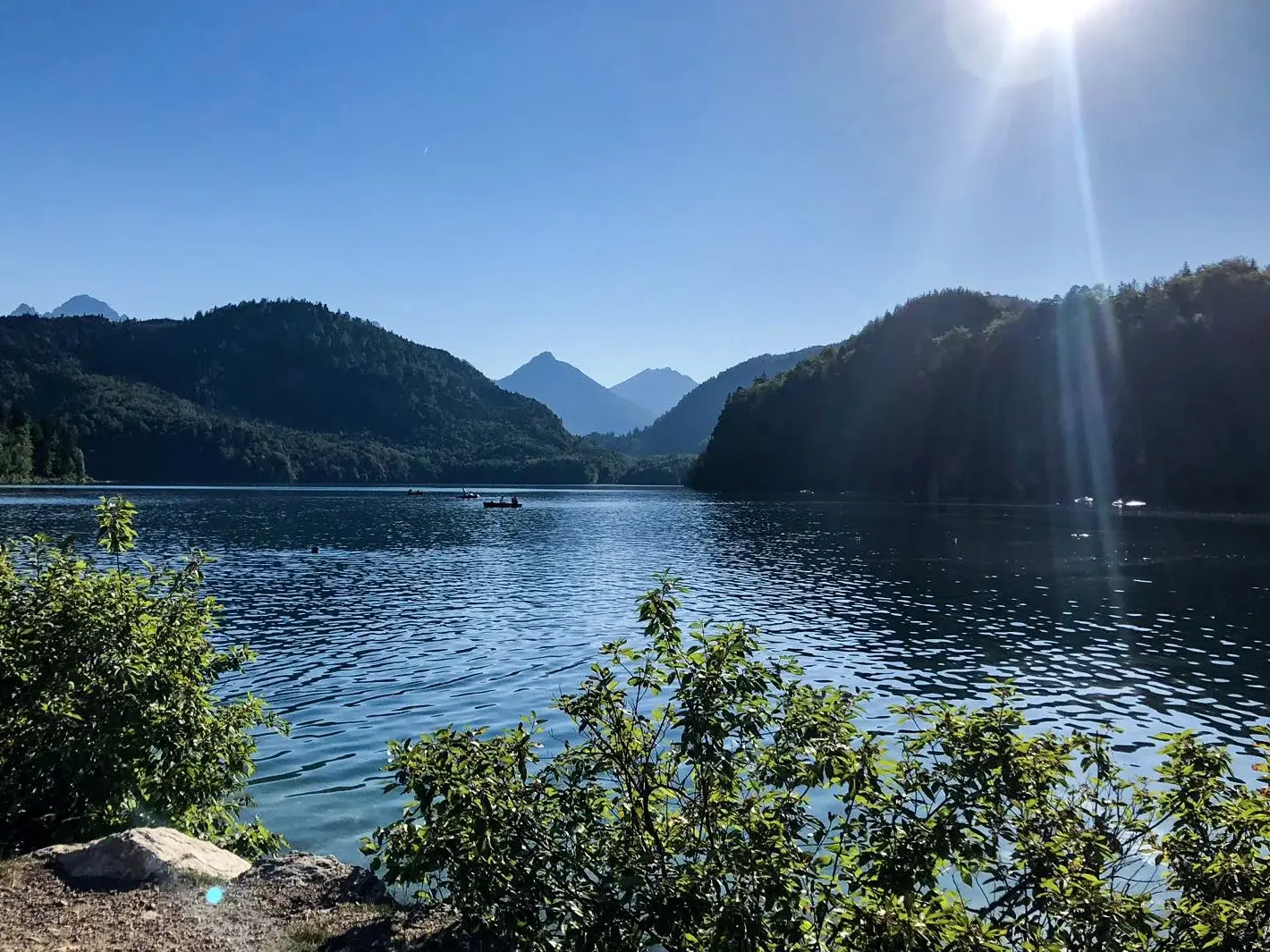Sonniger Blick auf den Allgäuer Alpsee mit Bergen im Hintergrund.