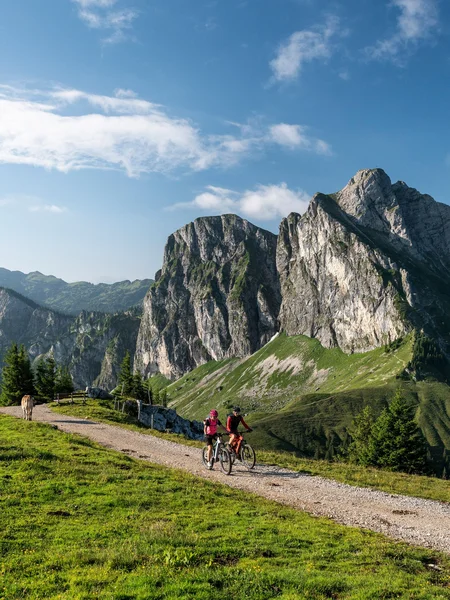 Mountainbiker auf einer Tour in den Allgäuer Alpen mit einer tollen Bergkulisse.