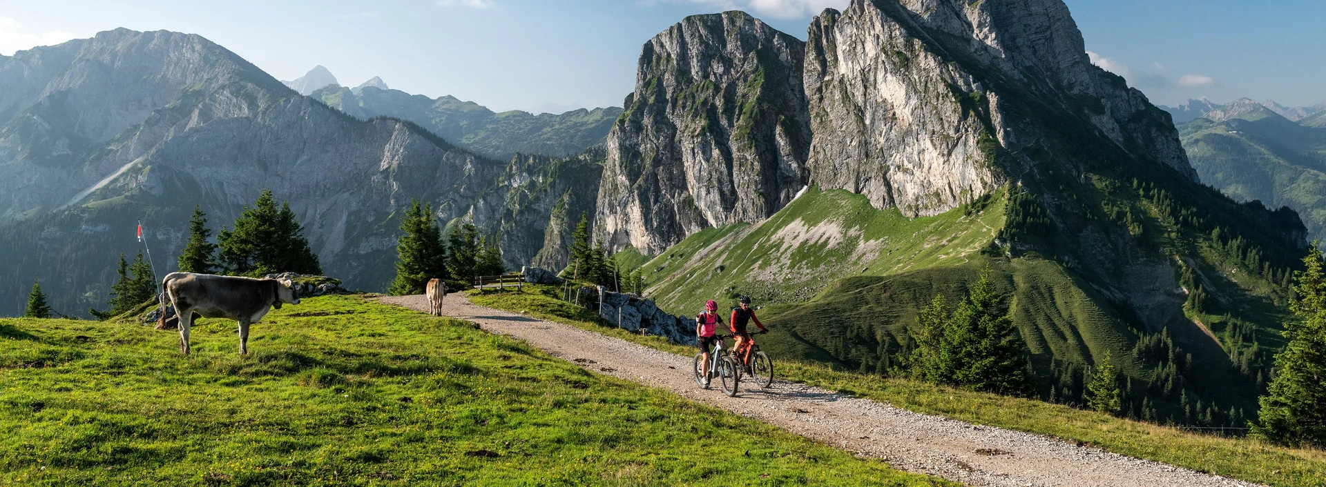 Mountainbiker auf einer Tour in den Allgäuer Alpen mit einer tollen Bergkulisse.