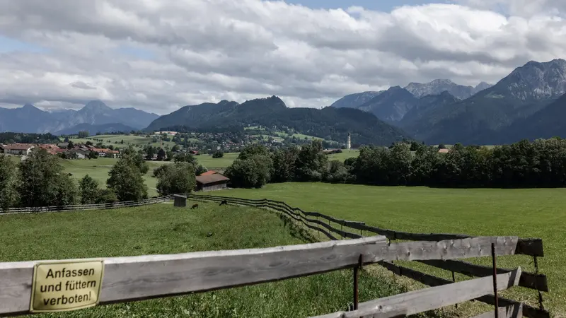 Berglandschaft mit grünem Weideland und Holzzaun im Vordergrund.
