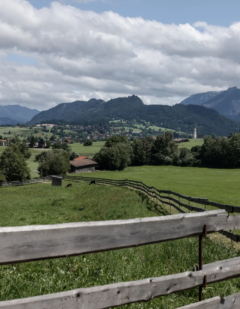 Berglandschaft mit grünem Weideland und Holzzaun im Vordergrund.