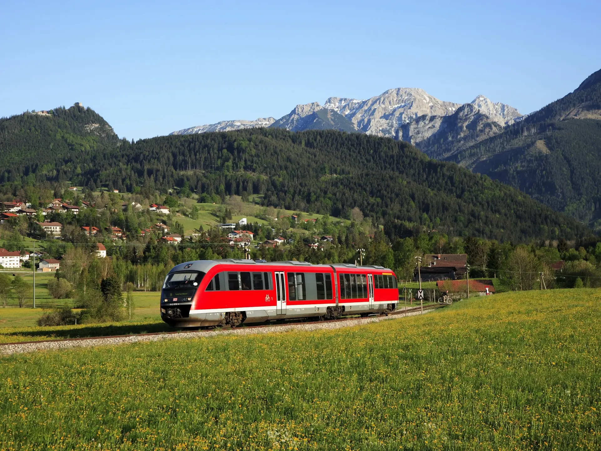 Eine Bahn umgeben von grünen Wiesen und einer tollen Bergkulisse im Hintergrund.