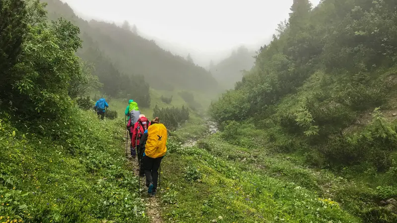 Eine Gruppe Wanderer auf einem Pfad umgeben von einer grünen, mit Nebel bedeckten Berglandschaft.