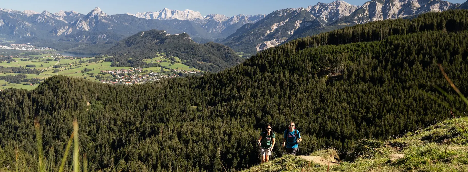 Zwei Wanderer auf einem schmalen Pfad auf dem Berg inmitten grüner Wiesen und einer beeindruckenden Bergkulisse.