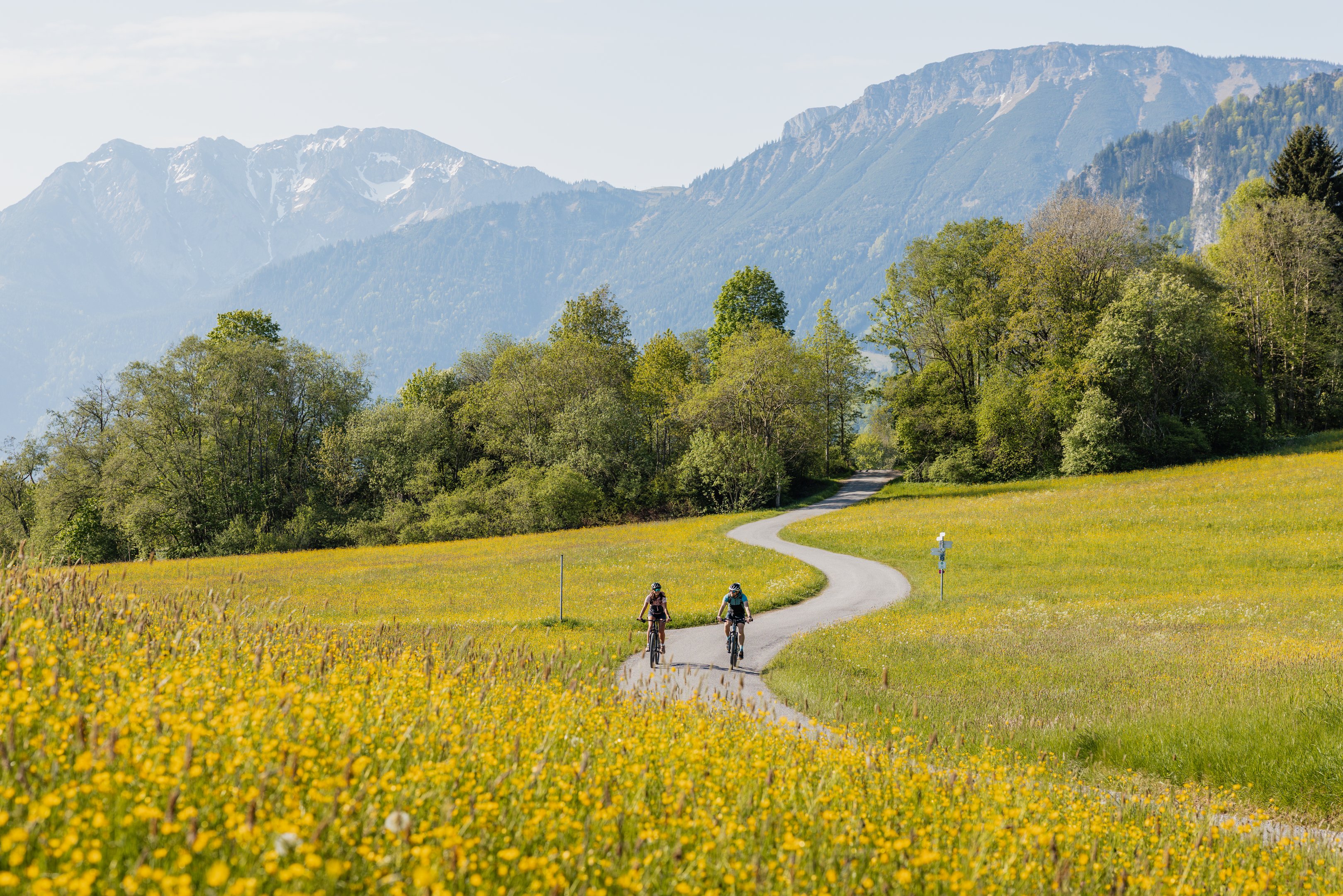 Zwei Radfahrer radeln durch das Pfrontener Tal 