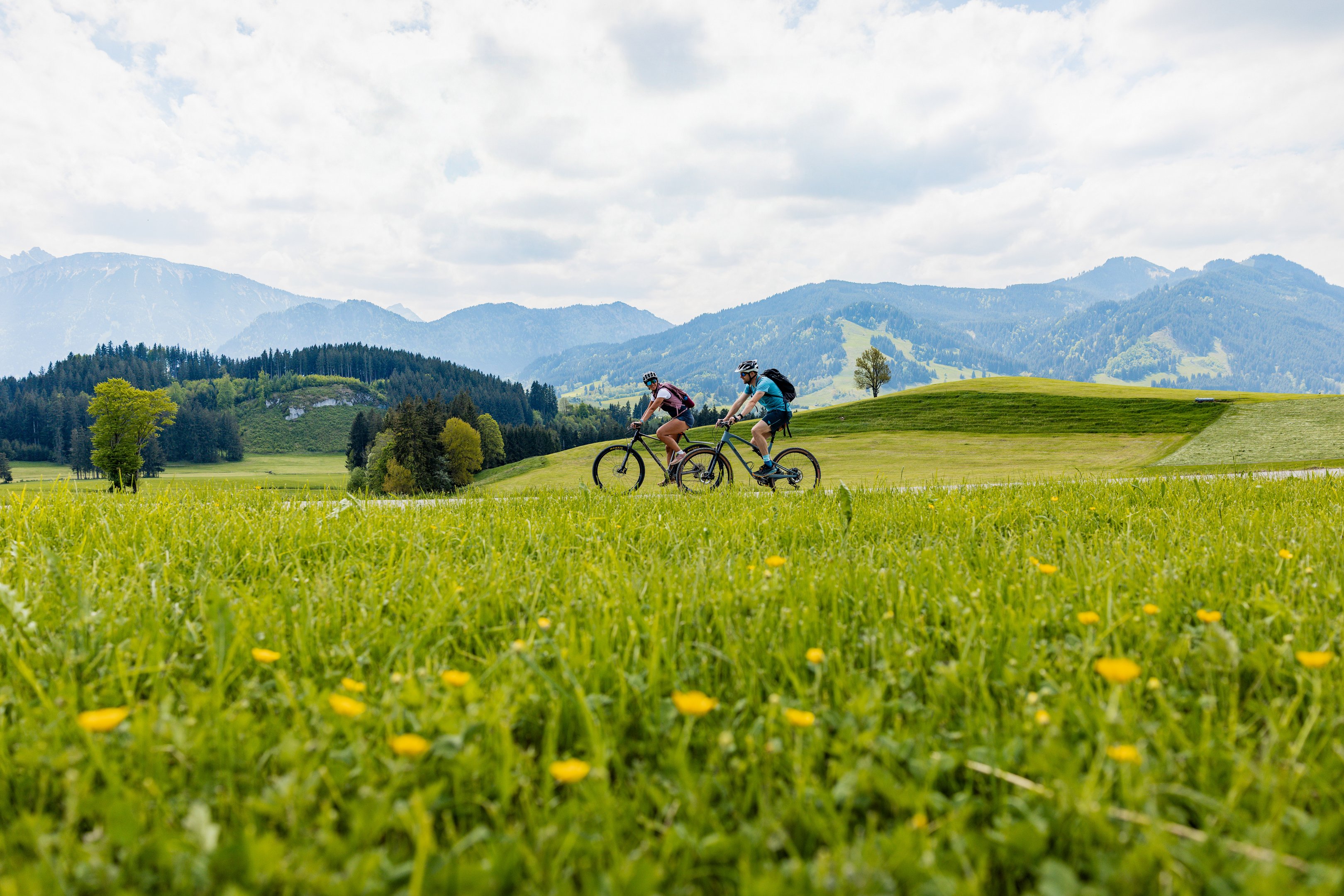 Zwei Radfahrer mit Bergpanorama 