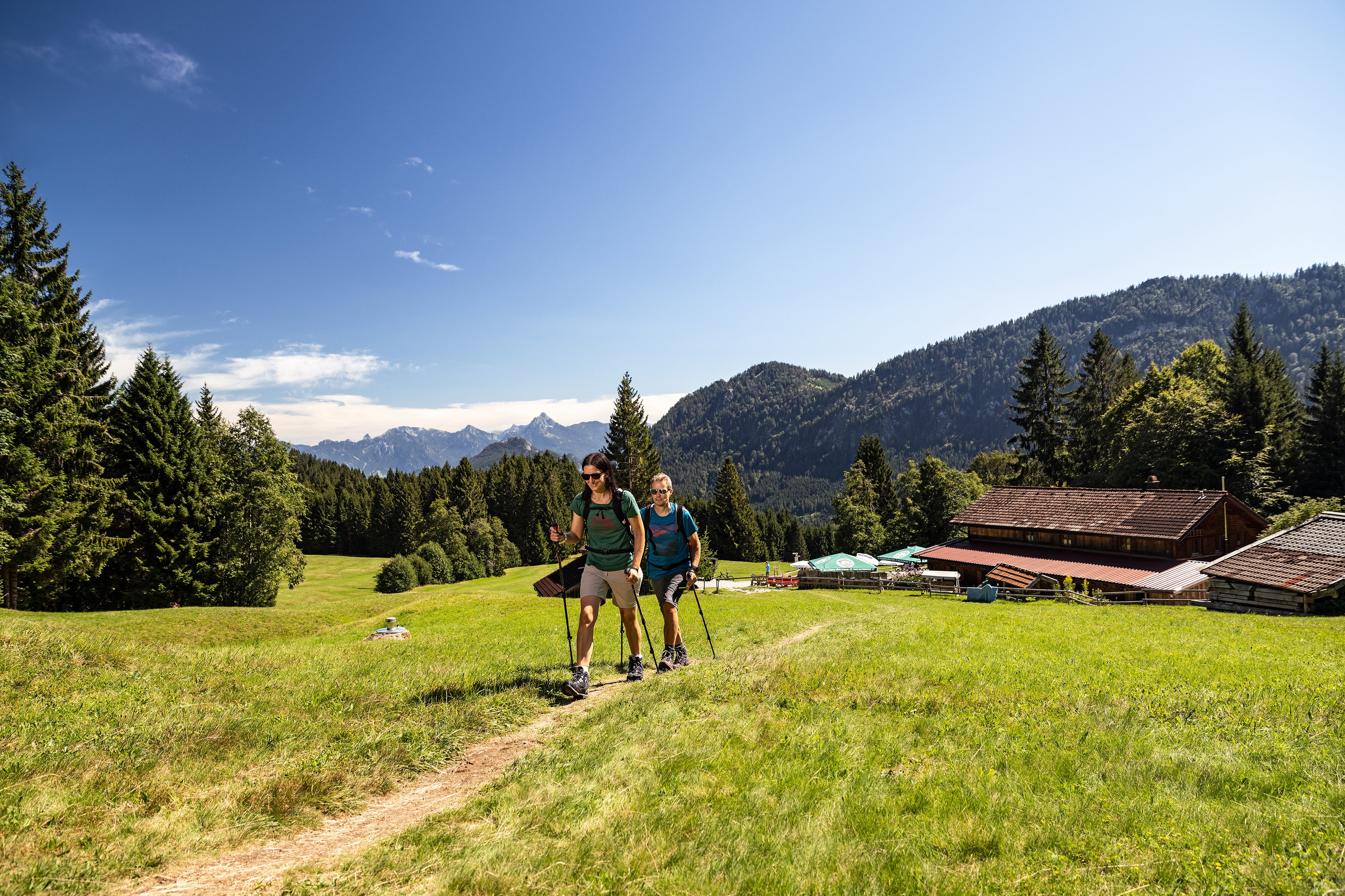 Zwei Wanderer auf einem schmalen Pfad inmitten grüner Wiesen, im Hintergrund die Berglandschaft.